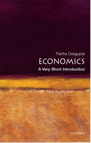 Economics: A Very Short Introduction by Partha Dasgupta. Cover has a gold and purple illustration.