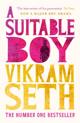 A Suitable Boy by Vikram Seth. Book cover has the title in magenta, with an image of a boy in the circle of the letter 'o'.