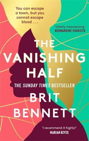 The Vanishing Half by Brit Bennett. Book cover has an illustration of a woman on a red and turquoise background.