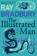 The Illustrated Man by Ray Bradbury. Book cover has an illustration of a black chinese dragon and a black rose, on a blue background.