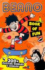 Beano Book of Fun : 200+ Puzzles, Riddles & Giggles! by Beano Studios. Book cover has an illustration of Dennis the Menace on a skateboard, with Gnasher the dog underneath him.