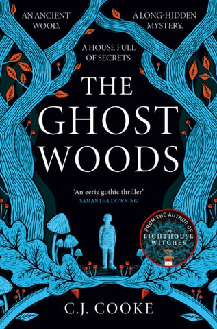 The Ghost Woods by C.J. Cooke. Book cover has a young person standing in a wood with mushrooms either side of him.