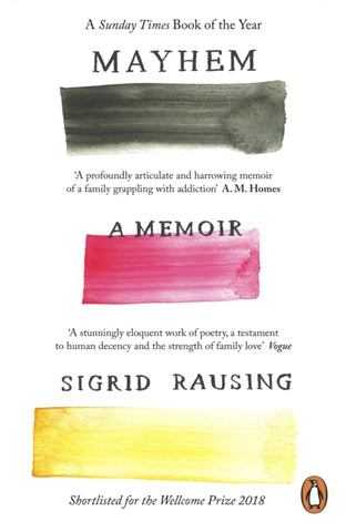 Mayhem : A Memoir by Sigrid Rausing. Book cover has an illustration of three horizontal stripes of colour on a white background.