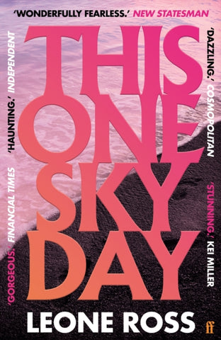 This One Sky Day by Leone Ross. Book cover has a photograph  of foot prints on a beach with sea surf next to them.