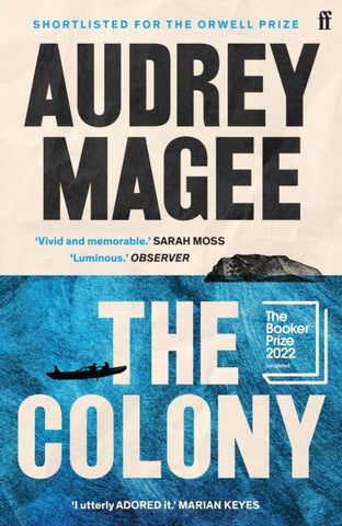 The Colony by Audrey Magee. Book cover has an illustration of three people in a rowing boat on the sea, heading towards an island in the background.