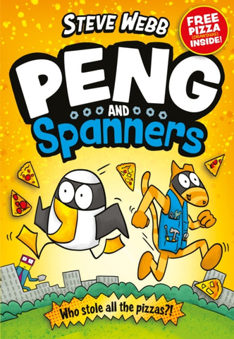 Peng and Spanners by Steve Webb. Book cover has an illustration of a penguin, a cat and pieces of pizza. 