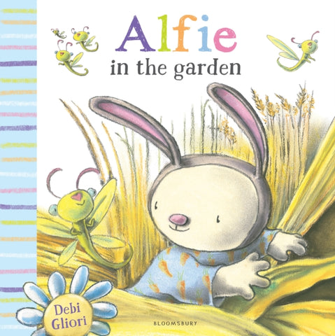 Alfie in the Garden by Debi Gliori. Book cover has an illustration of Alfie walking through a field with five dragonflies.