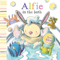 Alfie in the Bath by Debi Gliori. Book cover has an illustration of Alfie in a bath with a frog, octopus and crab.