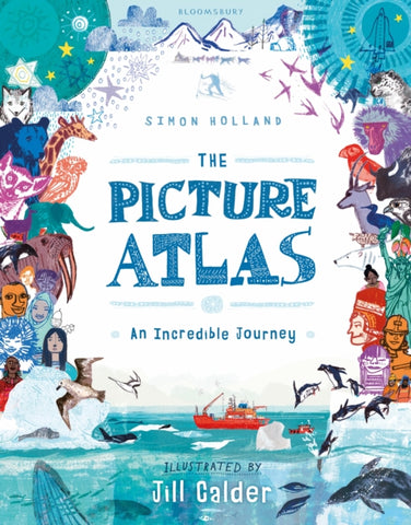 The Picture Atlas by Simon Holland. Book cover has an illustration of numerous animals and humans in a snowy landscape, with an orange boat on an artic sea and snow covered mountains in the distance.