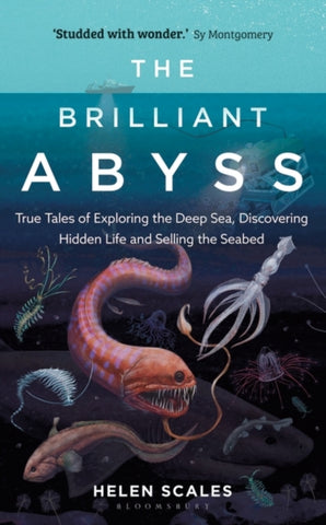 The Brilliant Abyss : True Tales of Exploring the Deep Sea, Discovering Hidden Life and Selling the Seabed by Helen Scales. Book cover has an illustration of a boat, a submarine and numerous sea creatures that are found in the lower depths of the sea.