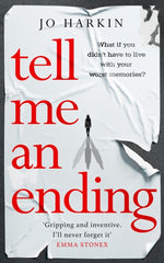 Tell Me an Ending by Jo Harkin. Book cover has an illustration of a woman with three shadows on a white background.