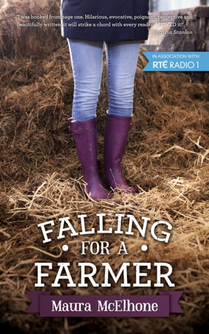 Book cover of Falling for a Farmer by Maura McElhone. Photograph of author in a hay barn.