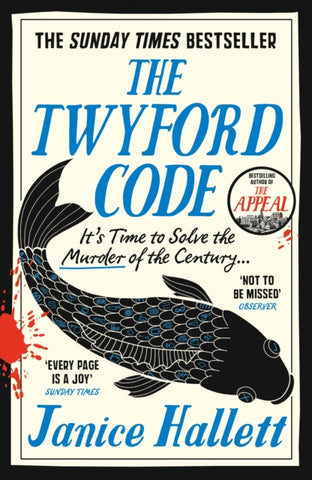 The Twyford Code by Janice Hallett. Book cover has an illustration of a black carp and blood on a white background.