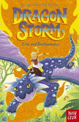 Dragon Storm: Erin and Rockhammer by Alastair Chisholm. Book cover has an illustration of a young person on the back of a dragon flying through a green woodland landscape.