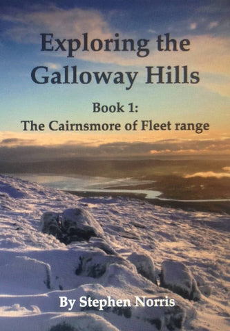 Book cover of Exploring the Galloway Hills, Book 1: The Cairnsmore of Fleet range. Panoramic  photograph from the top of a snow covered Cairnsmore.