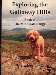 Book cover of Exploring the Galloway Hills: Book 2 The Minnigaff Range by Stephen Norris. Panoramic countryside photo of a dog in the Galloway Hills.