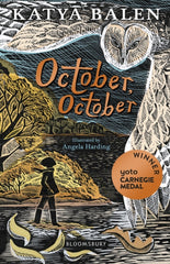 October, October by Katya Balen. Book cover has an illustration of a person beside a lake at night with an owl flying overhead.