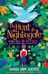 The Hunt for the Nightingale by Sarah Ann Juckes. Book cover has an illustration of a young boy with a red backpack entering a wood, with a blue bird flying overhead.