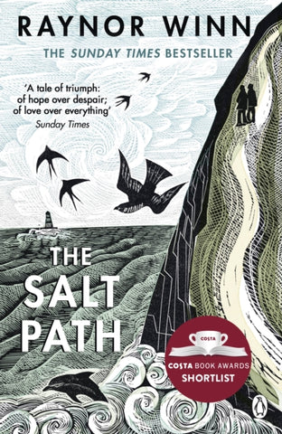 The Salt Path by Raynor Winn. Book cover has an illustration of two people on a cliff looking out to sea. In the sea there is a lighthouse and a dolphin, whilst swallows and a seabird fly overhead.