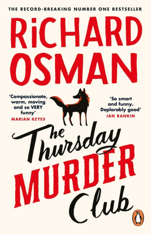 The Thursday Murder Club by Richard Osman. Book cover has an illustration of a black and red fox on a white background.